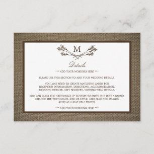 Carte D'accompagnement Country Rustic Monogramme Branche & Mariage Burlap