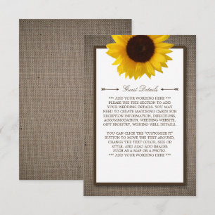 Carte D'accompagnement Country Rustic Sunflower & Burlap Mariage Détails