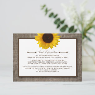 Carte D'accompagnement Country Rustic Tournesol & Mariage Burlap