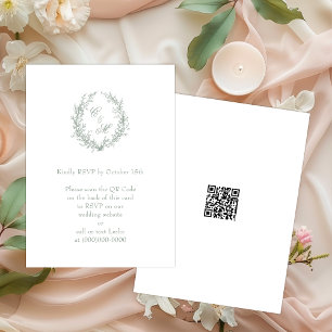 Carte D'accompagnement Couronne botanique monogramme vert sauge Code QR