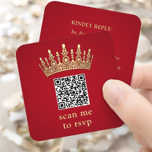 Carte D'accompagnement Couronne dorée Elégant Quinceañera Rouge Scannez-m