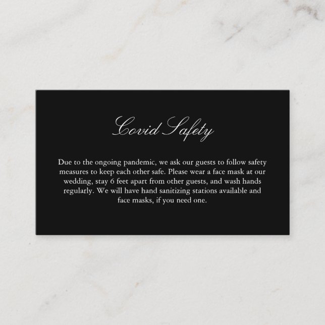 Carte D'accompagnement Covid 19 Sécurité Élégant Mariage noir et blanc (Devant)