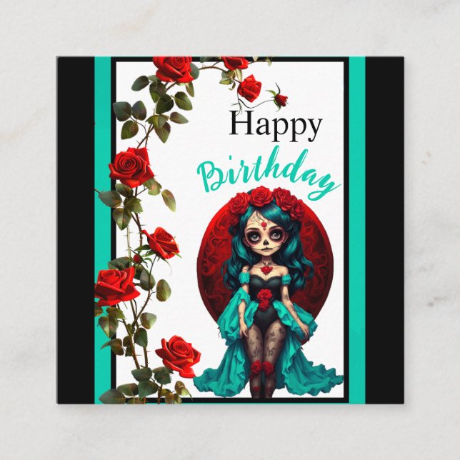 Carte D'accompagnement Crânes à sucre de Roses turquoises et rouges (Devant)