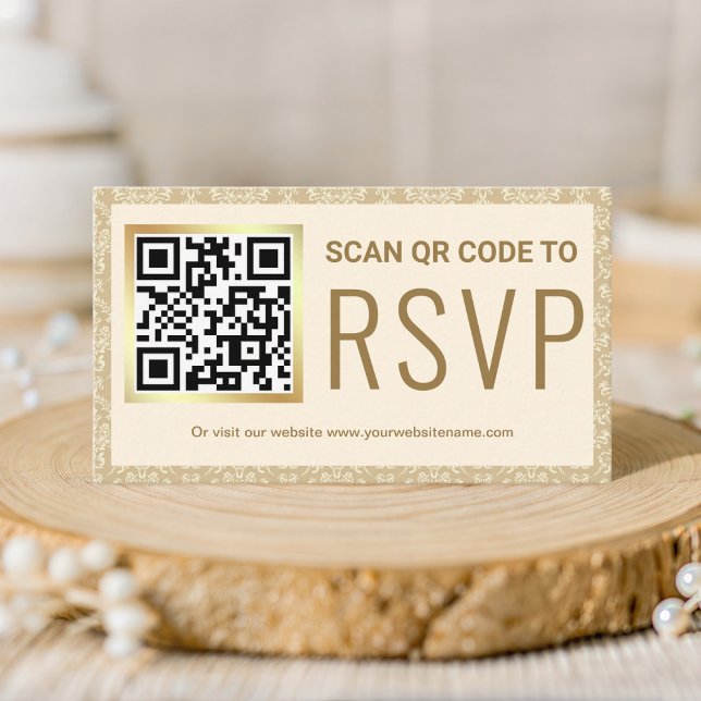 Carte D'accompagnement Cream et Gold Damask QR Code RSVP Mariage Website (Créateur téléchargé)