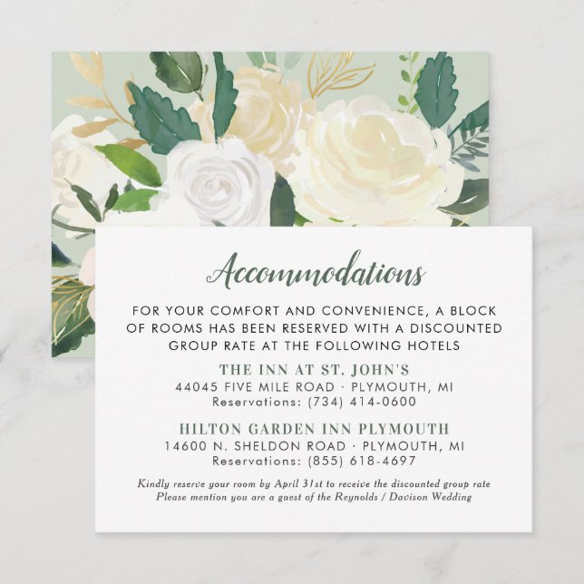 Carte D'accompagnement Cream Gold Floral Verdure Mariage Hébergements (Devant / Derrière)