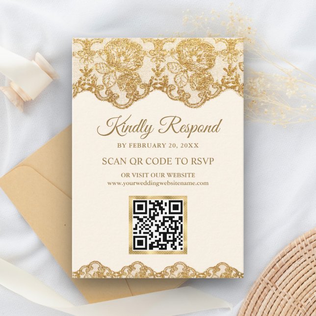Carte D'accompagnement Cream Gold Foil Lace QR Code RSVP Site Mariage (Créateur téléchargé)