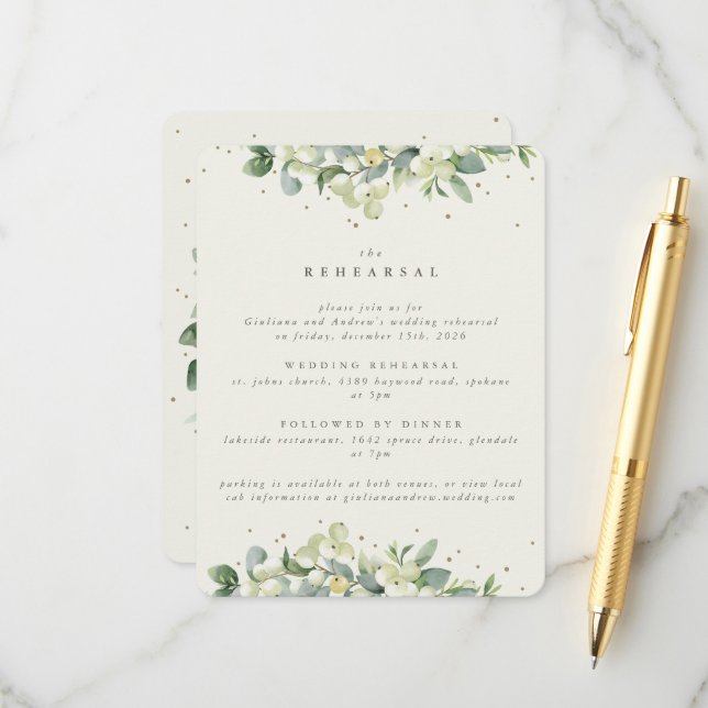 Carte D'accompagnement Crème Snowberry+Eucalyptus Répétition Mariage Bord (Devant/Arrière en situation)