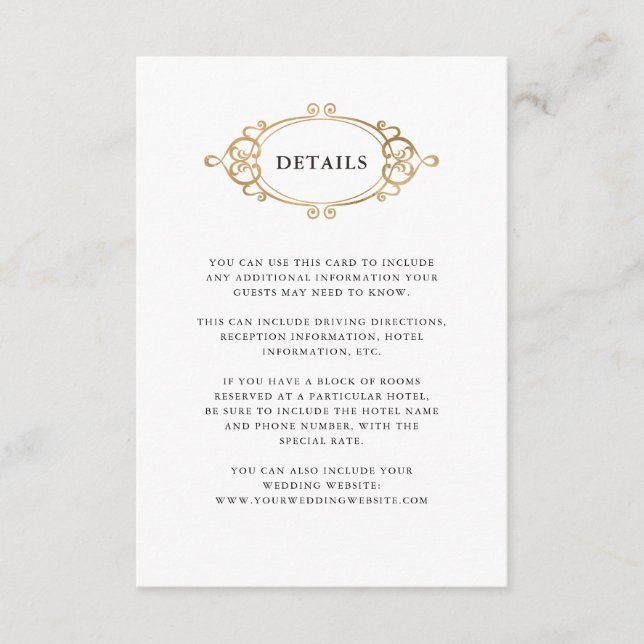 Carte D'accompagnement Crest doré | Détails du Mariage noir et blanc (Devant)