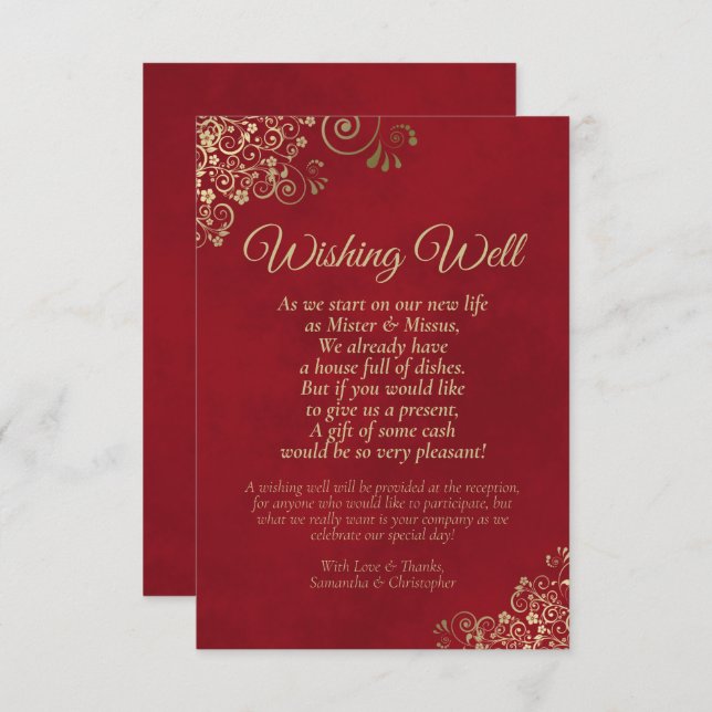 Carte D'accompagnement Crimson Red & Gold Lace Mariage Wishing Well Poem (Devant / Derrière)
