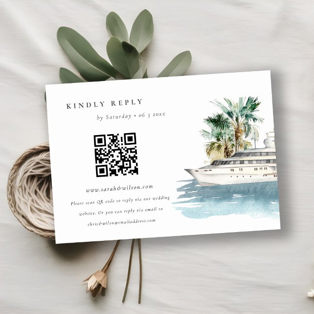 Carte D'accompagnement Cruise Ship Palm Seascape Mariage QR Code RSVP (Créateur téléchargé)