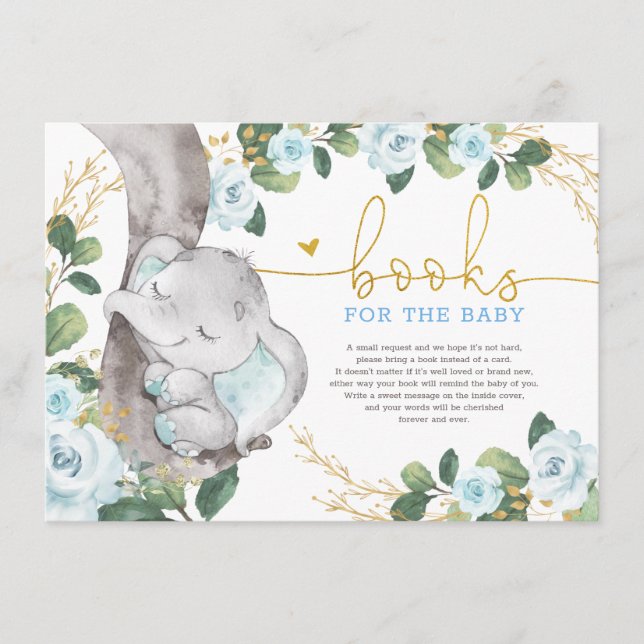 Carte D'accompagnement Cute Blue Gold Floral Elephant Livres pour bébé (Devant)