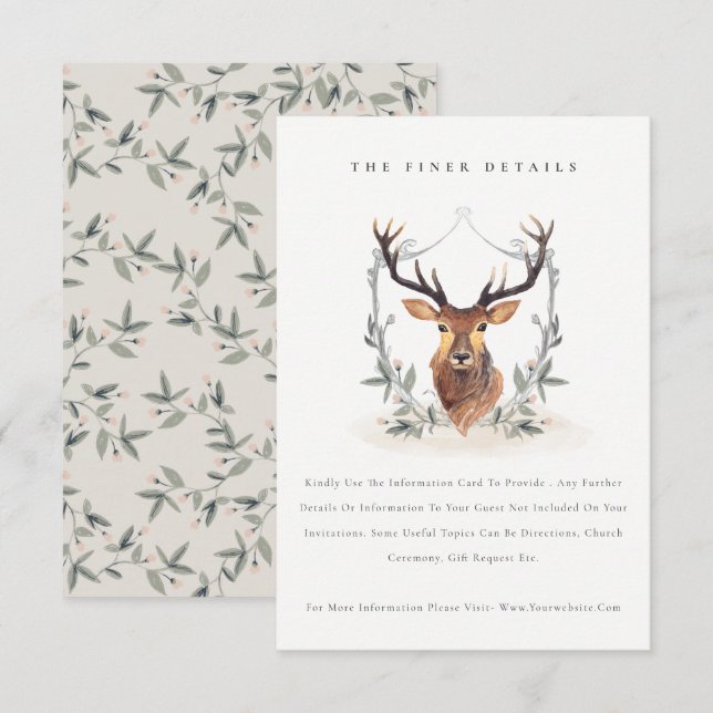 Carte D'accompagnement Cute Elegant Deer Floral Crest Détails du Mariage (Devant / Derrière)