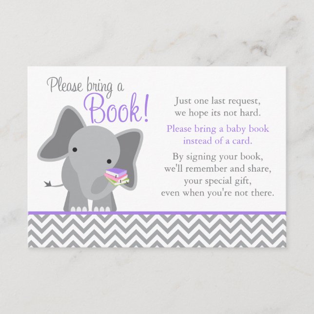 Carte D'accompagnement Cute Elephant Chevron Purple Girl Livre Baby showe (Devant)