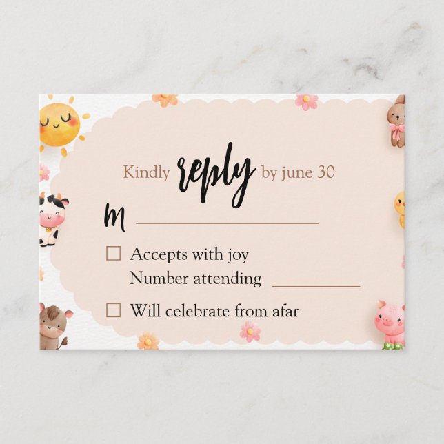 Carte D'accompagnement Cute Farm Animaux Baby shower RSVP Réponse (Devant)