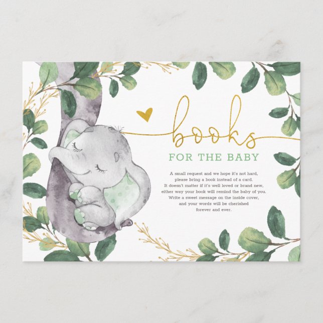 Carte D'accompagnement Cute Green Gold Greenery Elephant Livres pour bébé (Devant)