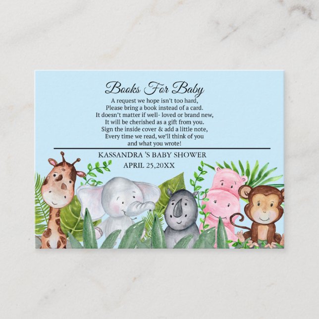 Carte D'accompagnement Cute Jungle Animaux Baby shower Bleu Livre Pour Bé (Devant)