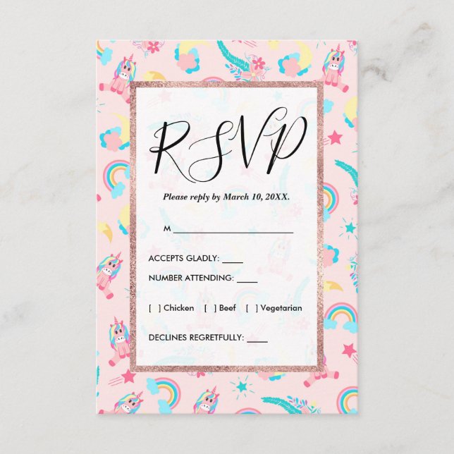 Carte D'accompagnement Cute Pink Teal Unicorn Rainbow (Devant)