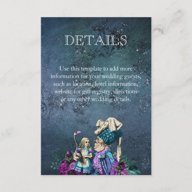 Carte D'accompagnement Dark Blue Alice in Wonderland Détails du Mariage (Devant)