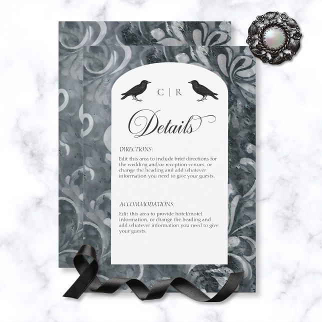 Carte D'accompagnement Dark Gothic Grey & Black Damask & Ravens Détails (Créateur téléchargé)