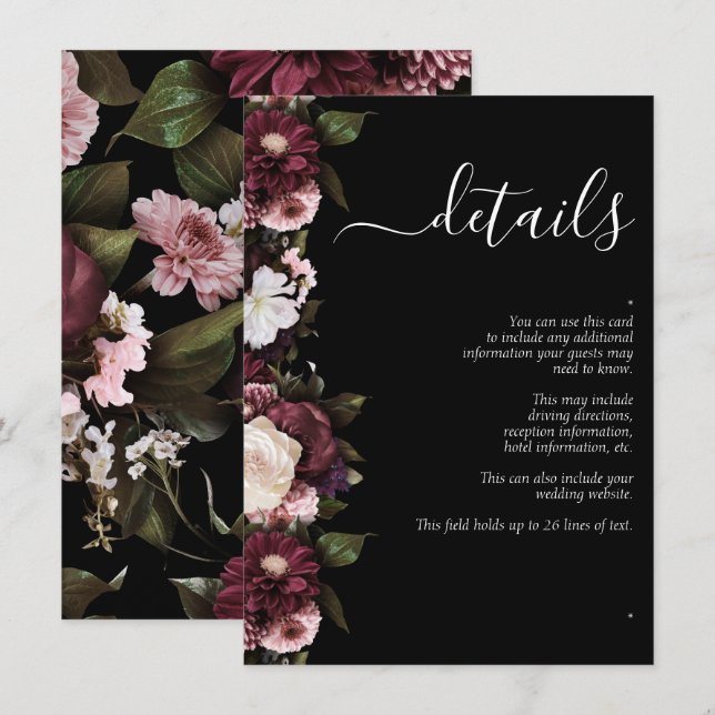 Carte D'accompagnement Dark Moody Bourgogne Script Floral Détails du Mari (Devant / Derrière)