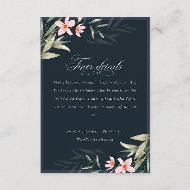 Carte D'accompagnement Dark Navy Blush Greenery Floral Détails du Mariage (Devant)