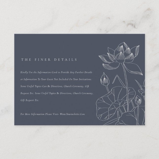 Carte D'accompagnement Dark Navy Nénuphar Floral Sketch Mariage Détails (Devant)