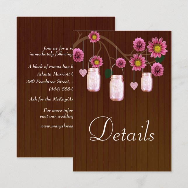 Carte D'accompagnement Dark Rustic Rose Floral Mason Jarres Détails du Ma (Devant / Derrière)