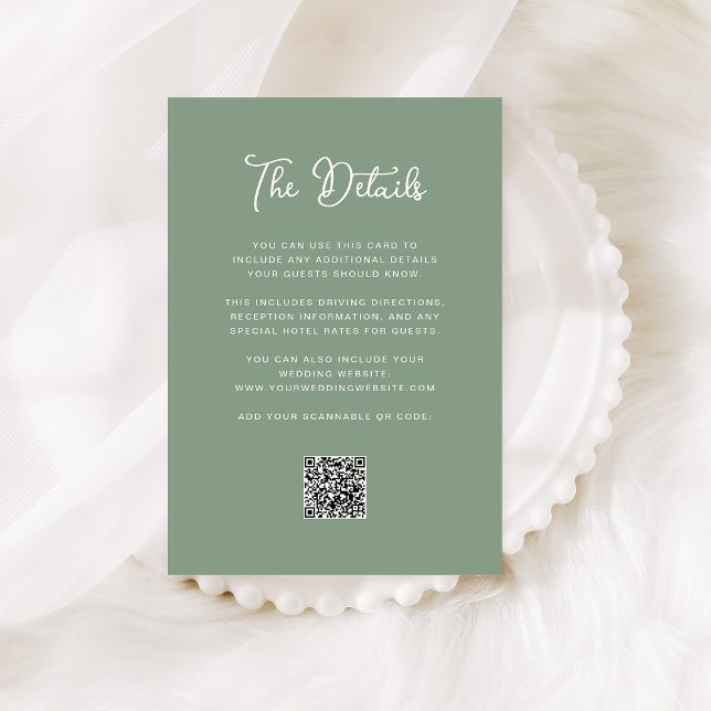 Carte D'accompagnement Dark Sage Green Mariage Détails de l'invité QR Cod (A dark sage green wedding details card with a QR code)