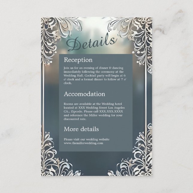 Carte D'accompagnement déco art déco bleu poussiéreux mariage cadre (Devant)
