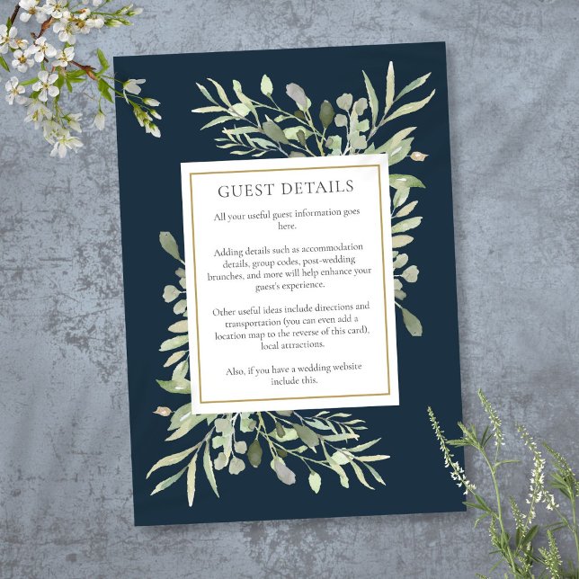 Carte D'accompagnement Deep Sea Blue Aquarelle Green Détails du Mariage (Deep Sea Blue Watercolor Greenery Wedding Details Enclosure Card)