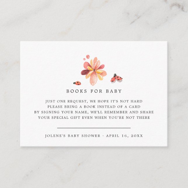 Carte D'accompagnement Demande de livre | Baby Shower Ladybug Florale (Devant)
