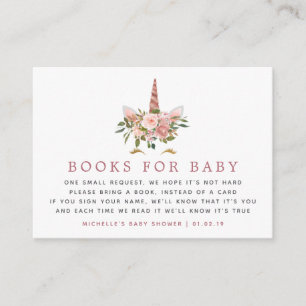 Carte D'accompagnement Demande de livre pour Baby Shower Licorne Rose Gol