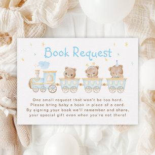 Carte D'accompagnement Demande de livre pour Baby Shower Train Bleu Ours