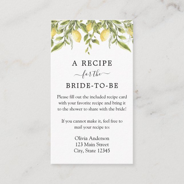 Carte D'accompagnement Demande de recette Citron et verdure (Devant)