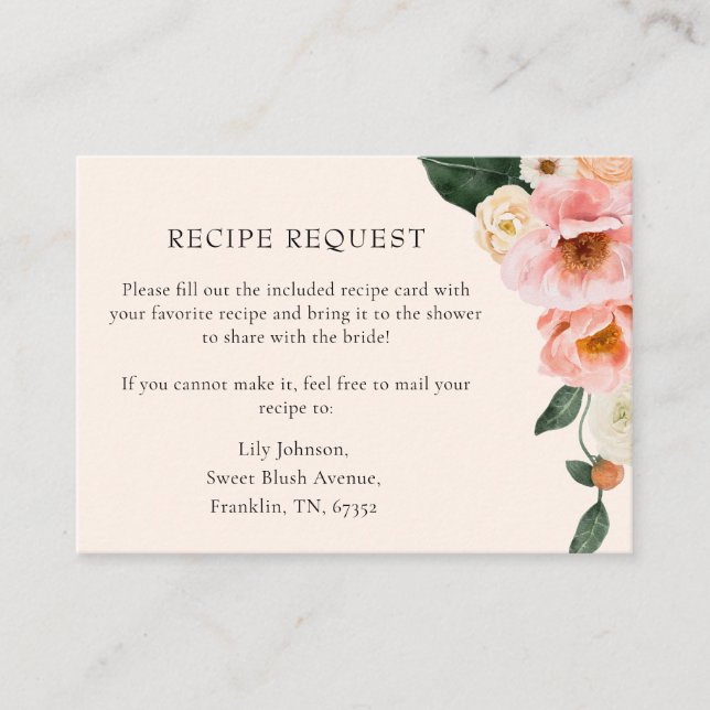 Carte D'accompagnement Demande de recette Élégant Blush Rose Floral (Devant)