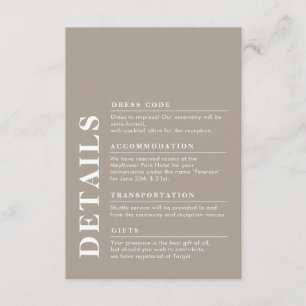 Carte D'accompagnement Design élégant Détails Mariage Taupe Simple