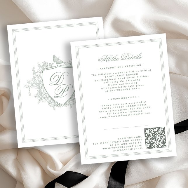 Carte D'accompagnement Détail de mariage au code QR avec monogramme de cr (Créateur téléchargé)