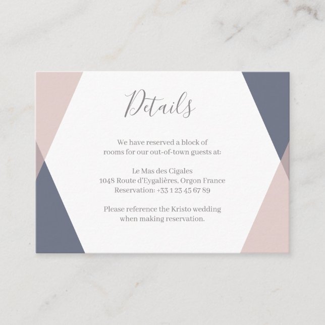 Carte D'accompagnement Détail de mariage géométrique rose Navy pour hôtel (Devant)