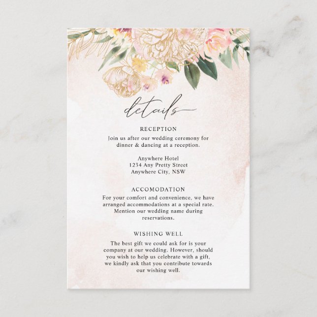 Carte D'accompagnement Détail des fleurs de pivoine et d'or (Devant)