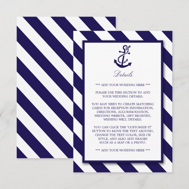 Carte D'accompagnement Détail du Mariage d'Ancre bleu marine et rayures n (Devant / Derrière)