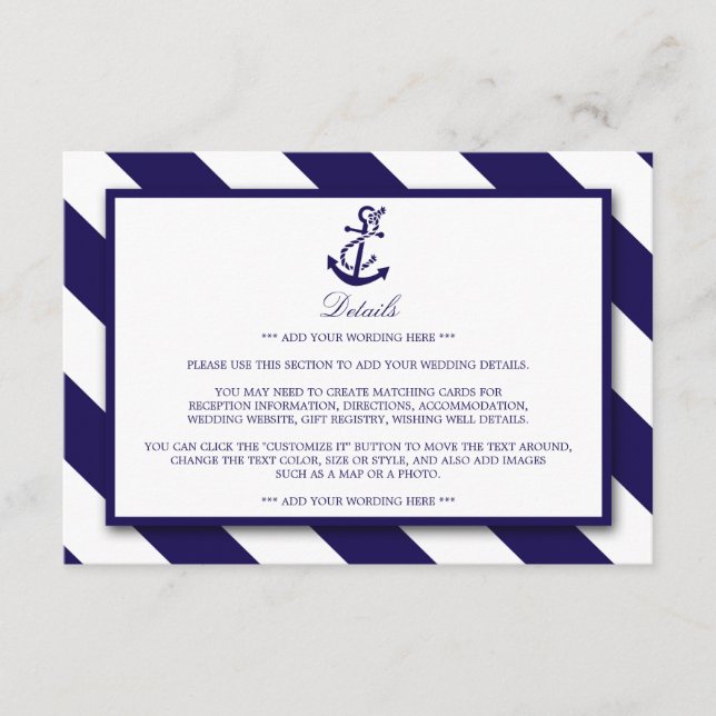 Carte D'accompagnement Détail du Mariage d'Ancre bleu marine et rayures n (Devant)