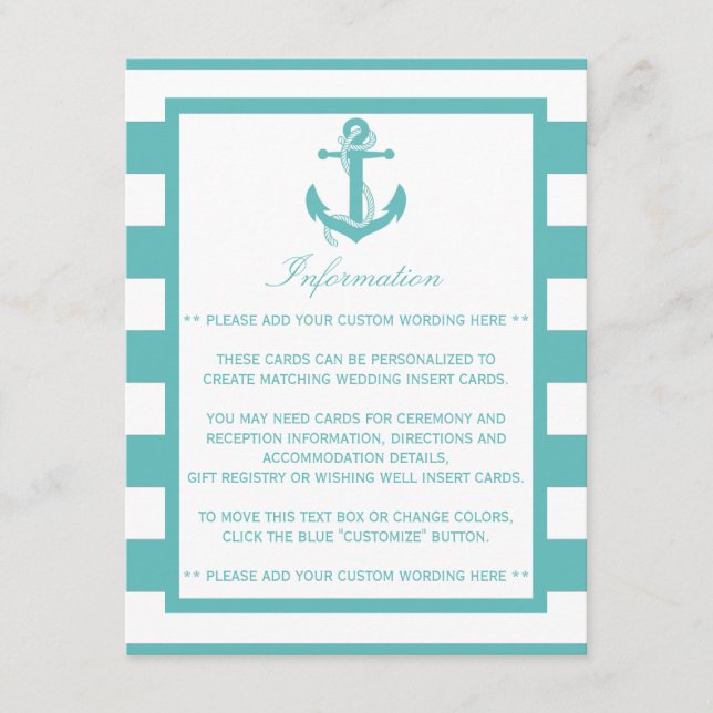 Carte D'accompagnement Détail du Mariage d'Ancre de bande turquoise marin (Devant)