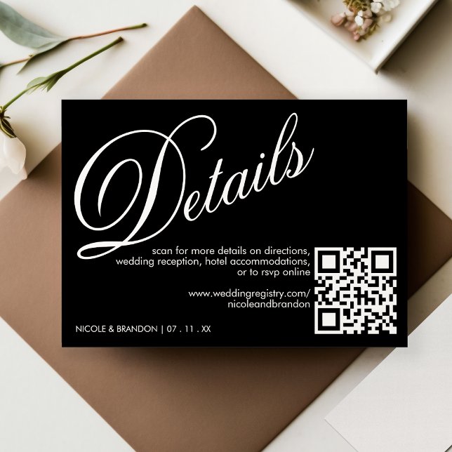 Carte D'accompagnement Détail du Mariage de code QR élégant noir et blanc (White & Black Elegant QR Code Wedding Detail Enclosure Card)