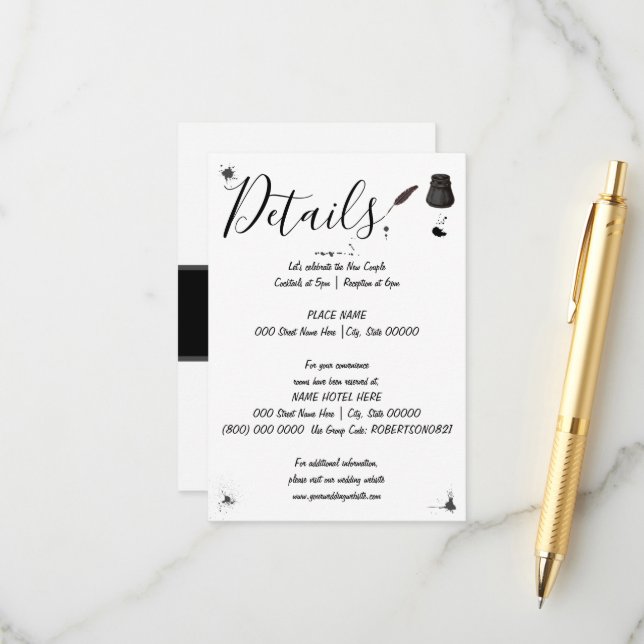 Carte D'accompagnement Détail du mariage | Stylo et Inkwell | Petits déta (Devant/Arrière en situation)