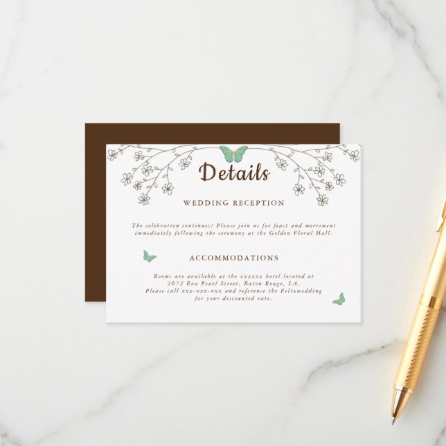 Carte D'accompagnement Détail élégant papillon en or foncé  (Devant/Arrière en situation)