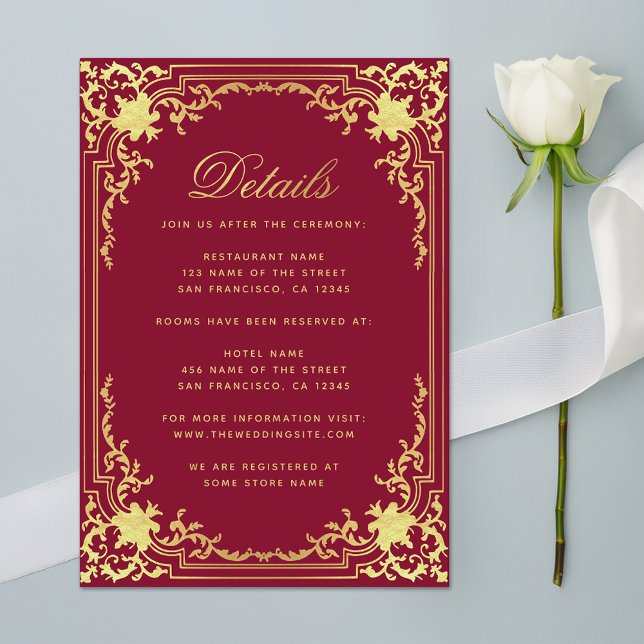 Carte D'accompagnement Détails Burgundy Faux Gold Elegant Script Mariage (Créateur téléchargé)