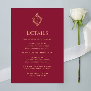 Carte D'accompagnement Détails de la crête Mariage Bourgogne Monogram Fau