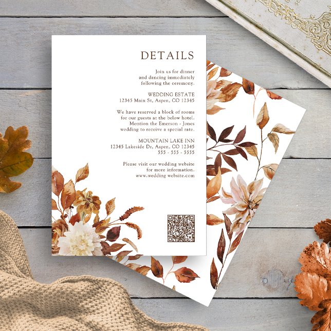 Carte D'accompagnement Détails de la floraison d'automne (White Fall Terracotta Floral Details Enclosure Card QR Code by Painted Paperie
)