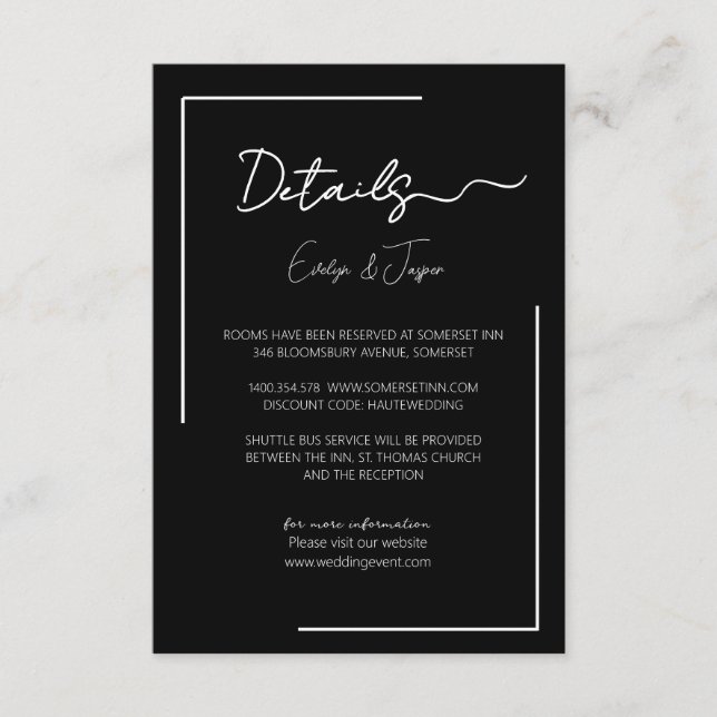 Carte D'accompagnement Détails de l'événement de mariage noir premium  (Devant)