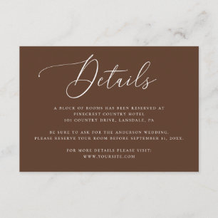 Carte D'accompagnement Détails de l'hôtel de mariage écriture marron choc